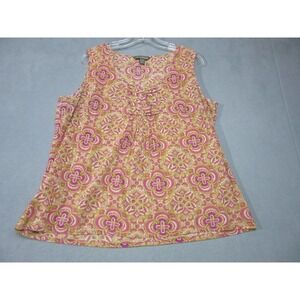 Tommy Bahama Tank Top Womens XL Pink Orange Yellow Paisley Pleated V Neck